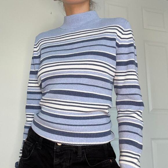 Blue white striped ribbed turtleneck Karen Scott size medium - Picture 2 of 8